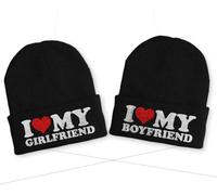 tshirtladen I love my Boyfriend I love my Girlfriend Duo Mütze Schwarz - Bestickte Beanie Wintermütze für Paare mit Spruch, lustiges Partner-Set für kalte Tage und Apres-Ski