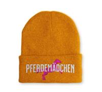 tshirtladen Käpple Pferdemädchen mit Pferd Stickerei Mustard weiche Strickmütze Polyacryl elastisch Unisex für Damen Reiterinnen Winter Freizeit