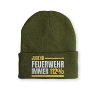 tshirtladen Mütze mit Spruch Jugendfeuerwehr Immer 112% Wintermütze lustige Beanie, Farbe: Olive