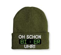 tshirtladen Oh Schon Bier Uhr Spruchmütze Strickmütze Wintermütze lustige Beanie mit Stick OneSize Mütze, Farbe: Olive