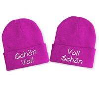 tshirtladen Schön Voll & Voll Schön - Duo Statement Mütze mit Stick - Lustige Wintermütze für Paare im Set - Strickmütze mit Spruch im Partnerlook Beanie-Design, Farbe: Pink