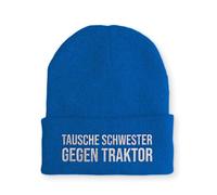 tshirtladen Spruchmütze Strickmütze Schwester gegen Traktor Wintermütze lustige Beanie mit Stick OneSize, Farbe: Blau