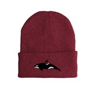 tshirtladen Strickmütze Bordeaux mit Orca Stickerei Schwertwal Motiv Bestickt aus Polyacryl Unisex doppellagig elastische Strickhaube warm