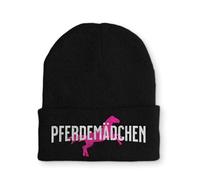 tshirtladen Strickmütze Pferdemädchen mit Pferd Stickerei schwarz warme Winterhaube elastisch Unisex Polyacryl für Mädchen Damen Reiterinnen Alltag