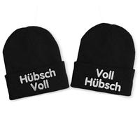 tshirtladen Voll Hübsch Hübsch Voll Duo Mütze Schwarz - Statement Strickmütze mit Spruch, witzige Wintermütze für Paare, Freunde oder Teams, OneSize Beanie mit Stick