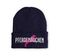 tshirtladen Winterhaube Pferdemädchen mit Pferd Stickerei Navy warme Strickmütze elastisch Unisex Polyacryl für Damen Reiterinnen Outdoor und Alltag