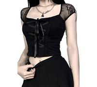 TSMNZMU Damen Gothic Crop Tops Mesh Kurzarm Punk Alt Shirt Grunge Harajuku Emo Tops mit Bandage, 1-Goth Yk2 Aesthetic, Klein