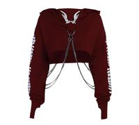 TSMNZMU Damen Gothic Cropped Hoodie Langarm Punk Grunge Skull Print Sweatshirt Emo Alt Mall Goth Tops mit Eisenkette, Wein, L