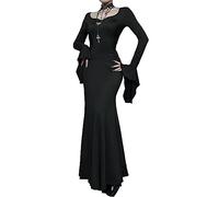 TSMNZMU Gothic Maxikleider für Damen, dunkler Stil, schmal, lange Kleider, lange ausgestellte Ärmel, V-Ausschnitt, Vintage-Abendkleid, Schmales Halloween-Kleid, Mittel