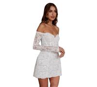 TSxuelian Damen Kurz Brautkleider Blumen Spitze Stickerei Weiß Mini Ballkleid Trägerloses Minikleid, C-Elfenbein, 36