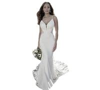 TSxuelian Damen Sexy Spaghettiträger Spitze Hochzeitskleid Meerjungfrau Rückenfrei Brautkleid Kleid, Style1/Weiß, 46