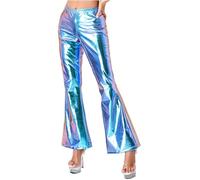 TTAO Damen Glänzende Metallic Schlaghose 70er Jahre Hohe Taille Ausgestellte Hosen Stretchy Bell Bottom Disco Wide Leg Pants Hosen Club Wear Blau XXL