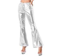 TTAO Damen Glänzende Metallic Schlaghose 70er Jahre Hohe Taille Ausgestellte Hosen Stretchy Bell Bottom Disco Wide Leg Pants Hosen Club Wear Silber XXL