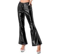 TTAO Damen Glänzende Metallic Schlaghose 70er Jahre Hohe Taille Ausgestellte Hosen Stretchy Bell Bottom Disco Wide Leg Pants Hosen Club Wear Schwarz XXL