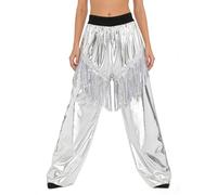 TTAO Damen Glänzende Metallic Tanzhose Elastische Taille Hosen Stretchy Disco Wide Leg Pants Hosen GOGO Party Clubwear Silber XL