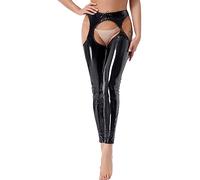 TTAO Damen Wetlook Leggings Stretch Lack Leder Schritt öffnen Lederhose Glänzend Ouvert-Hose Slim Fit Strumpfhose Lange Hose Reizwäsche Clubwear Schwarz L