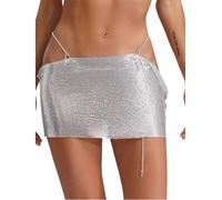 TTAO Damen Wetlook Pailletten Rock Super Kurz Minirock Slim Fit Figurbetond Röckchen Erotische Dessous Gogo Tanz Outfits Clubwear Silber Einheitsgröße