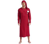 TTAO Herren Nachthemd mit Schlafmütze Langarm Schlafhemd Schlafanzug Hemd mit Knopfleiste Lang Weich Luftig Schlafshirt Nachtwäsche Burgundy L