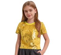 TTAO Kinder Mädchen Kurzarm Pailletten T-Shirt Top Kurzarm Glänzende Oberteil Hip Hop Jazz Festival Performance Tanzbekleidung Gold 6-10 Jahre