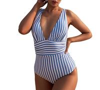 TTNTTR Damen-Badeanzug, einteilig, gestreift, Bademode, vorne, hohl, Badeanzüge, Monokini, weiße Yoga-Shorts, blau, 12