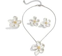 TTPSRY 3 Stück Blumen Schmuckset Halskette Ohrringe Ring Elegante Perlmutt Optik Damen Accessoires Hochzeit Schmuck