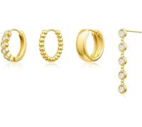 TTPSRY 4 Stück Huggie Creolen Set Zirkonia Ohrringe Kugelkette Tropfen Ohrstecker Damen Schmuck Goldfarben Elegant Zeitlos