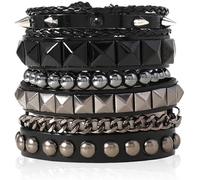 TTPSRY 4 Stück Punk Armband Set Nieten Pyramiden Perlen Lederarmband Kette Herren Schmuck Accessoires