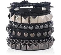 TTPSRY 4 Stück Punk Armband Set Nieten Pyramiden Perlen Lederarmband Kette Herren Schmuck Accessoires