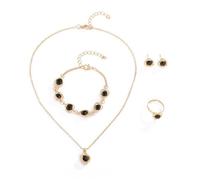 TTPSRY 4 Stück Schmuckset Damen Halskette Armband Ring Ohrringe Herz Kristall Zirkonia Brautschmuck Set Schmuckset Weihnachten Party Geschenke für Mädchen (Schwarz)