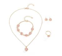 TTPSRY 4 Stück Schmuckset Damen Halskette Armband Ring Ohrringe Herz Kristall Zirkonia Brautschmuck Set Schmuckset Weihnachten Party Geschenke für Mädchen (Rosa)