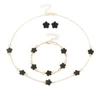 TTPSRY 4 Stück Vierblättriges Kleeblatt Schmuckset Damen Ohrringe Armbänder Halskette Vergoldet Glückliches Blumenschmuck Fünfblättriges Glücksklee Schmuckset Blumenstil Emaille Schmuck Set(Schwarz)