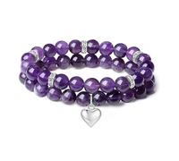 TTPSRY Amethyst Armband Set 2 Stück Hochwertige Naturstein Perlenarmbänder Mit Herzanhänger Und Strass Elastisches Armband Für Damen Lila Kristall Schmuck Für Frauen