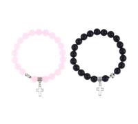 TTPSRY Elegantes Armband Set Aus Naturstein Für Paare Schwarz Und Rosa Perlenarmbänder Mit Kreuzanhänger Verstellbares Design Hochwertiger Schmuck Für Frauen Und Männer Freundschaftsarmbänder 2 Stück