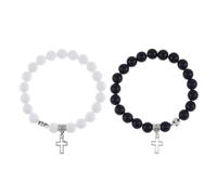 TTPSRY Elegantes Armband Set Aus Naturstein Für Paare Schwarz Und Rosa Perlenarmbänder Mit Kreuzanhänger Verstellbares Design Hochwertiger Schmuck Für Frauen Und Männer Freundschaftsarmbänder 2 Stück