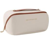 TTPSRY Große Kapazität Kosmetiktasche Tragbare Reise Make Up Tasche wasserdichte PU Leder Schminktasche oder Kulturbeutel Waschtasche Damen(Braun weiß)