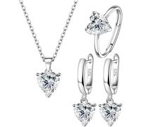 TTPSRY Herzförmig Schmuckset für Damen Kristall Halskette Ohrstecker Ring Set für Braut Zirkonia Brautjungfer Silber Schmuck (Weiß)