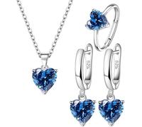 TTPSRY Herzförmig Schmuckset für Damen Kristall Halskette Ohrstecker Ring Set für Braut Zirkonia Brautjungfer Silber Schmuck (Blau)