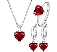 TTPSRY Herzförmig Schmuckset für Damen Kristall Halskette Ohrstecker Ring Set für Braut Zirkonia Brautjungfer Silber Schmuck (Rot)