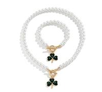 TTPSRY Kleeblatt Perlenkette Armband Set Damen Schmuckset Perlen Halskette Toggle Verschluss Glücksbringer Anhänger Schmuck