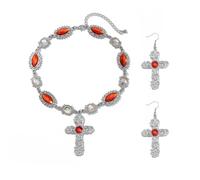 TTPSRY Kreuz Schmuckset Halskette Ohrringe Vintage Ornament Kristall Anhänger Schmuck Kette Damen Accessoires Silberton