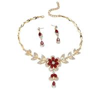 TTPSRY Kristall Schmuckset für Damen Floral Teardrop Halskette und Ohrringe Boho Statement Hypoallergener Modeschmuck für Alltag und festliche Anlässe (Rot)