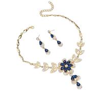TTPSRY Kristall Schmuckset für Damen Floral Teardrop Halskette und Ohrringe Boho Statement Hypoallergener Modeschmuck für Alltag und festliche Anlässe (Blau)