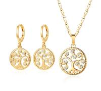 TTPSRY Lebensbaum Schmuckset Ohrringe Halskette Damen Goldfarben Rund Anhänger Mehrfarbig Kristall Kette Creolen Elegante Schmuck