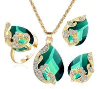 TTPSRY Schmuckset für Damen und Mädchen Kristalle Pfau Anhänger Halskette Ohrringe Ringe Set Schmuck Set Zirkonia Geschenk Brautschmuck(Grün)
