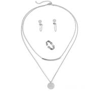 TTPSRY Schmuckset Mehrschichtige Halskette Stab Medaillon Ohrringe Ring Edelstahl Schmuck Damen Accessoires Silberton Elegant Zeitlos