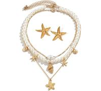 TTPSRY Schmucksets für Damen Muschelkette mit Seestern Anhänger Halskette und Ohrringe Boho Modeschmuck für Alltag und festliche Anlässe (Gold)
