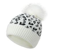 TUANMOZI Strickmütze Damen Wintermütze mit Bommel Elegant Leopard Beanie Mütze Warme Winter-Mütze Bommelmütze (DE/NL/SE/PL, Alphanumerisch, Einheitsgröße, Weiß)
