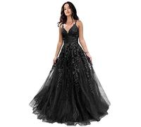 Tüll-Abschlussballkleider für Damen, glitzernde Spitzenapplikationen, lange Ballkleider mit Spaghettiträgern, A-Linie, Abendkleider, Schwarz-n, 44