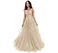 Tüll-Abschlussballkleider für Damen, glitzernde Spitzenapplikationen, lange Ballkleider mit Spaghettiträgern, A-Linie, Abendkleider, Champagner, 42