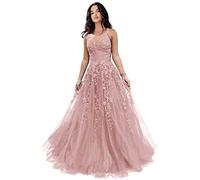 Tüll-Abschlussballkleider für Damen, glitzernde Spitzenapplikationen, lange Ballkleider mit Spaghettiträgern, A-Linie, Abendkleider, Dusty Rose, 46